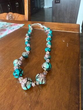 Handcrafted Turquoise and Pink Glass Bead Necklace
